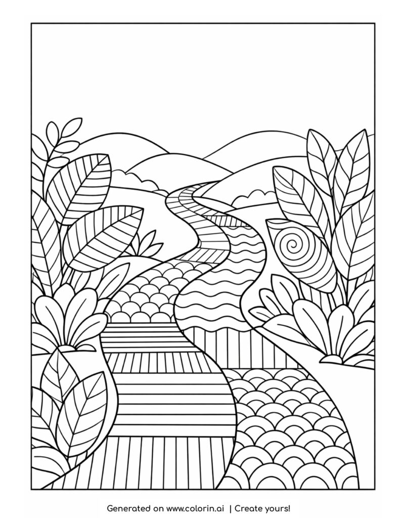 winding path through hills with plants coloring page with curved trail and leafy shapes
