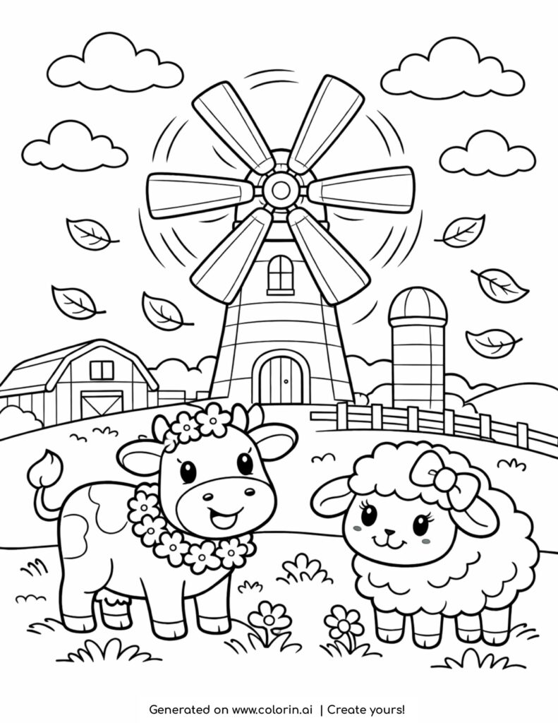 windmill spinning farm animals coloring page with cow sheep and moving blades in countryside