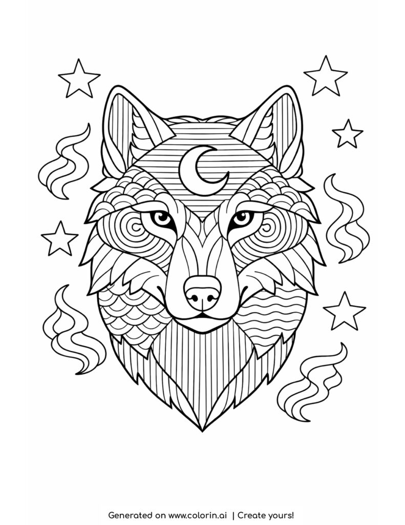 wolf face with moon and stars detailed pattern coloring page