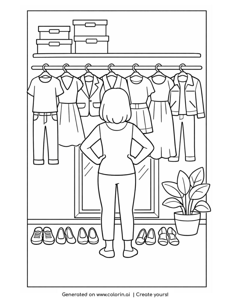 woman choosing clothes in front of mirror coloring page with wardrobe and shoes