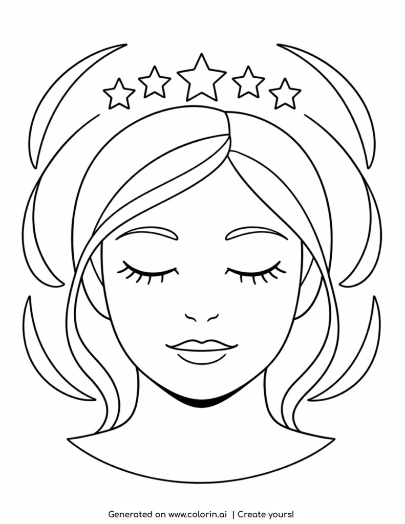 woman face with closed eyes and stars coloring page with flowing hair and calm expression