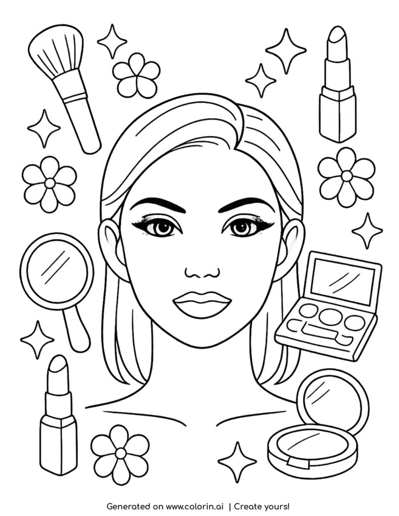 woman face with makeup items coloring page with beauty tools and flowers