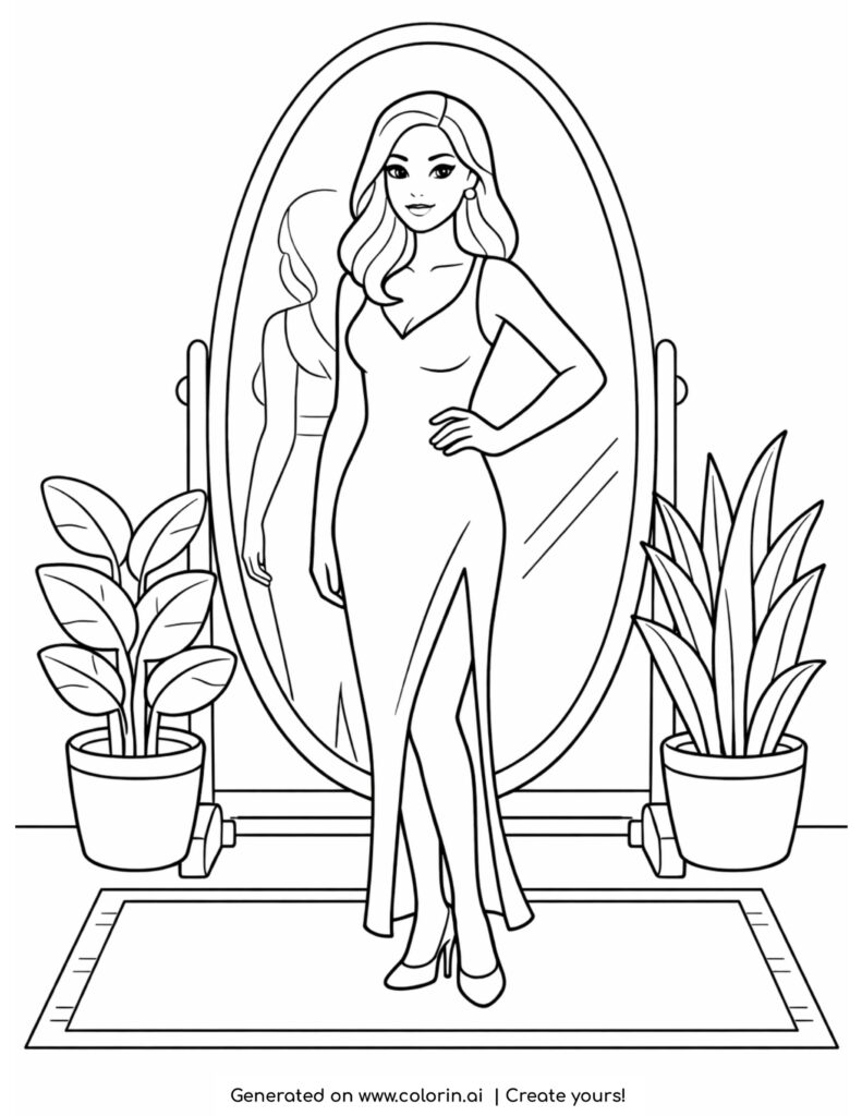 woman in elegant dress in front of mirror coloring page with plants and decor coloring page