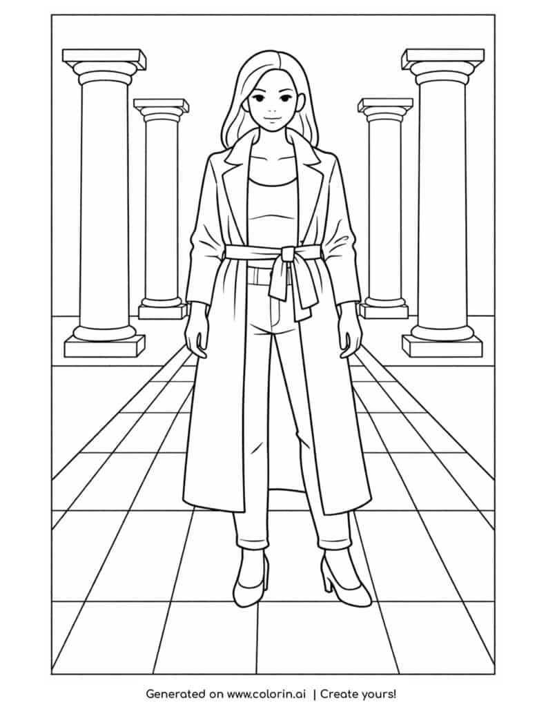 woman in long coat on runway coloring page with columns and tiled floor coloring page