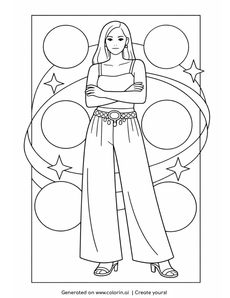 woman in wide leg outfit with stars coloring page with circles and abstract lines coloring page