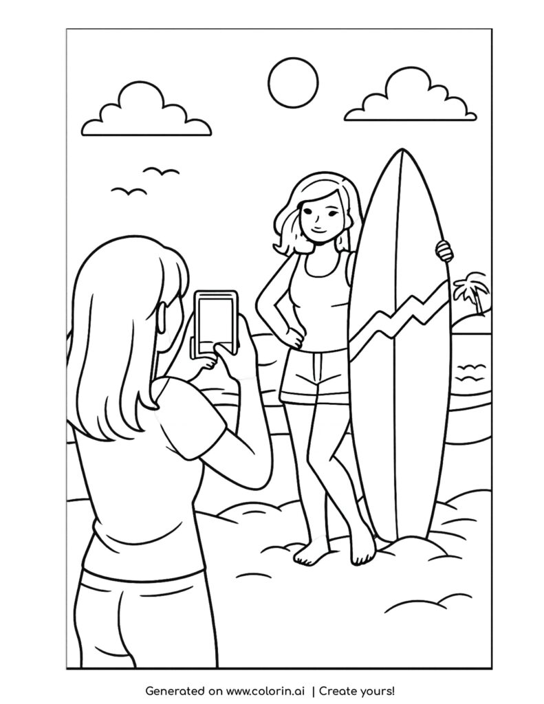 woman posing with surfboard photo coloring page with beach and sun
