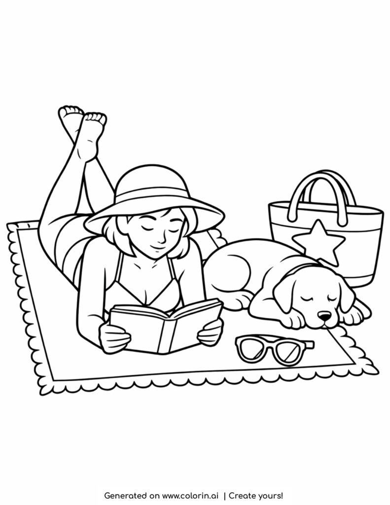 woman reading book on beach towel coloring page with dog resting beside her coloring page