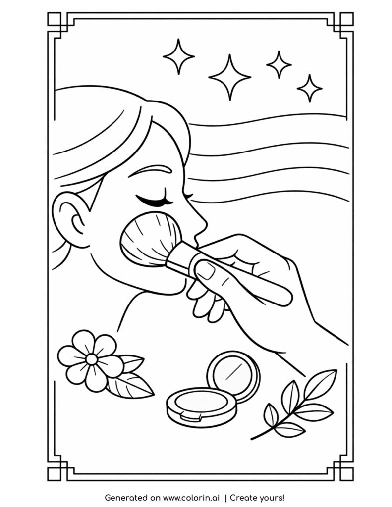 woman receiving makeup with brush coloring page with flowers and compact