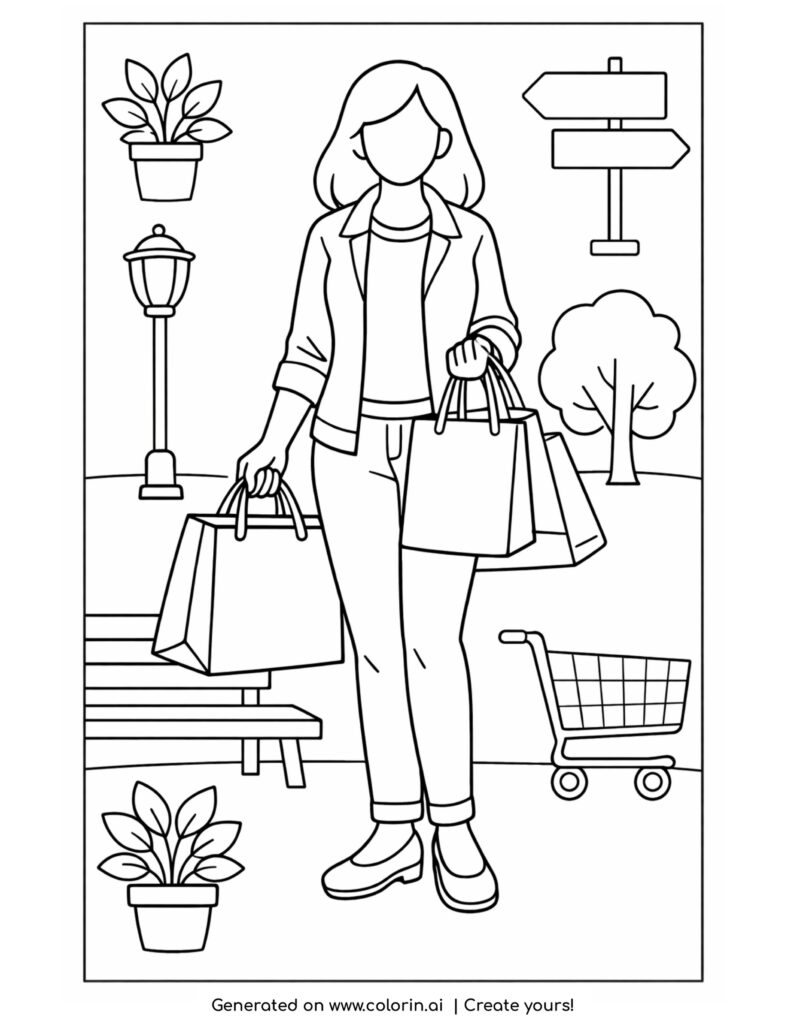 woman shopping with bags in park coloring page with bench trees and street elements