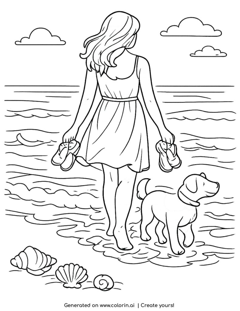 woman walking dog on beach coloring page peaceful seaside scene with waves and shells coloring page