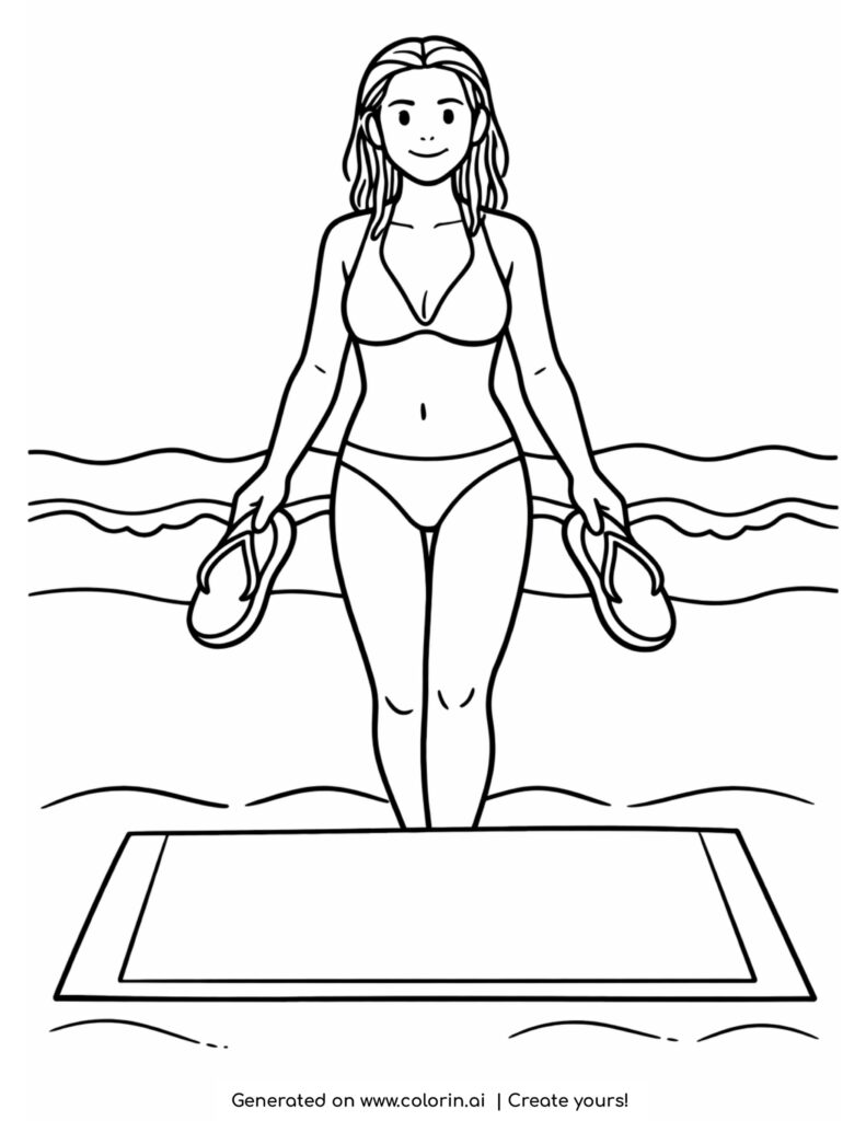 woman walking from sea with sandals coloring page with ocean waves and beach towel