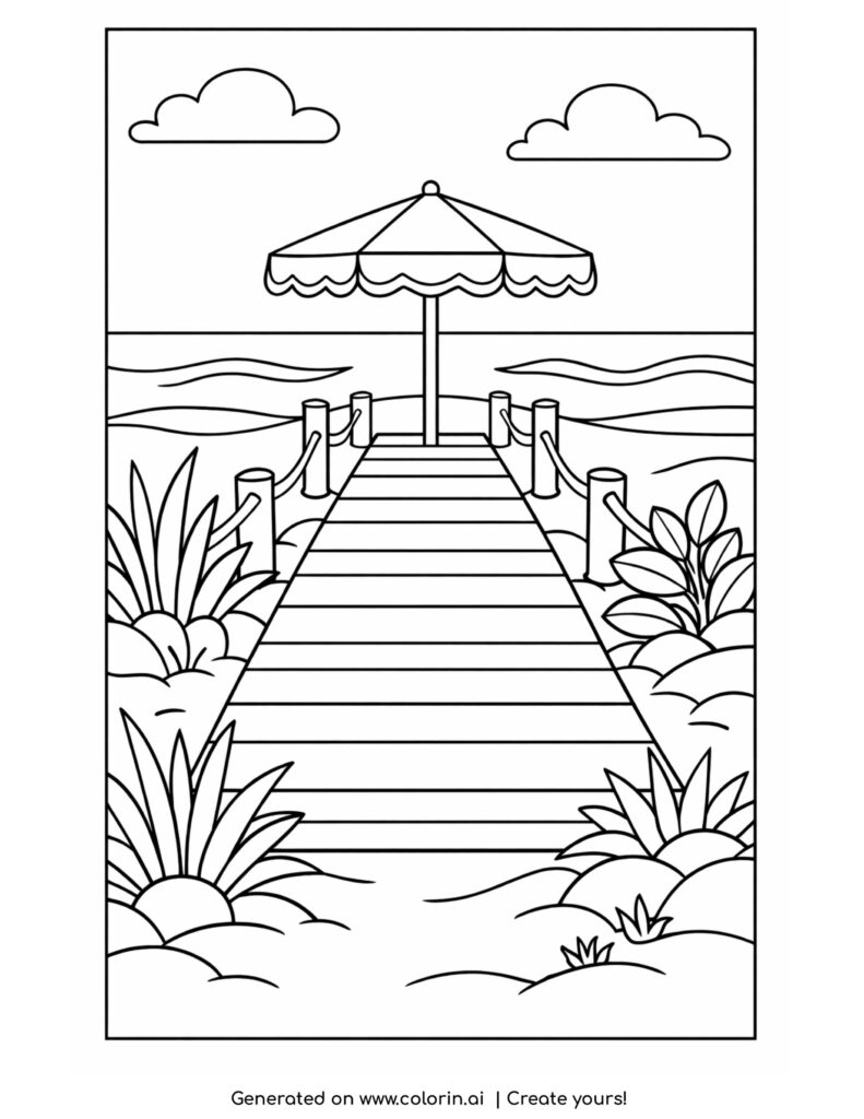 wooden beach path to umbrella by ocean coloring page with plants and waves