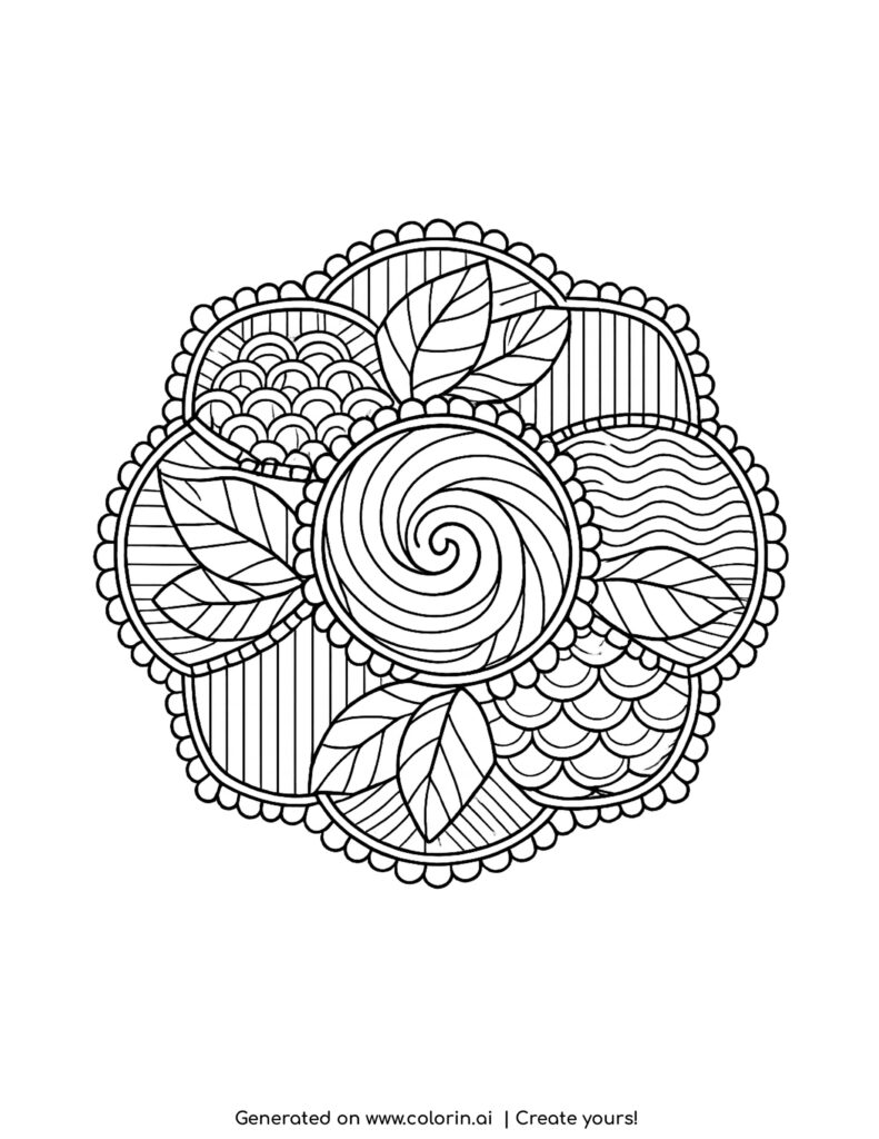 zentangle mandala with leaves and patterns coloring page with spiral center and decorative sections