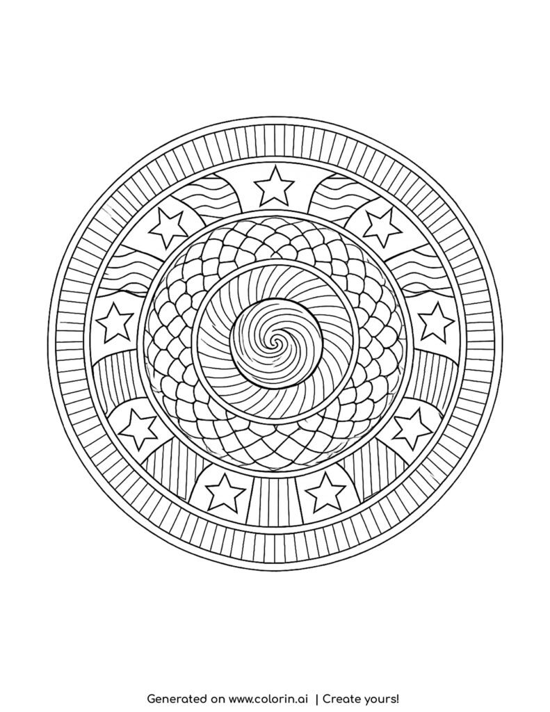 zentangle radial mandala with stars coloring page with spiral center and circular layers