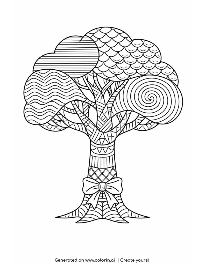 zentangle tree with geometric patterns coloring page with abstract leaves and patterned trunk