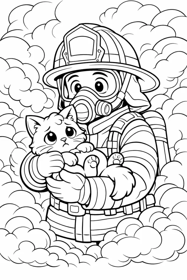 firefighter saving a cat from fire coloring page