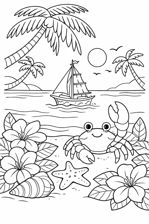 crab on a beautiful beach coloring page